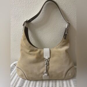 Vintage Coach Hampton Suede Hobo Tan Khaki Cream Bone Leather Shoulder Bag 8929